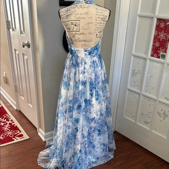 Prom! Elegant Blue Floral Halter Dress - Summer Weddings, Special Occasion - Picture 6 of 8